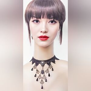 Gothic Black Lace Choker Necklace Teardrop Dangles Victorian Punk OS